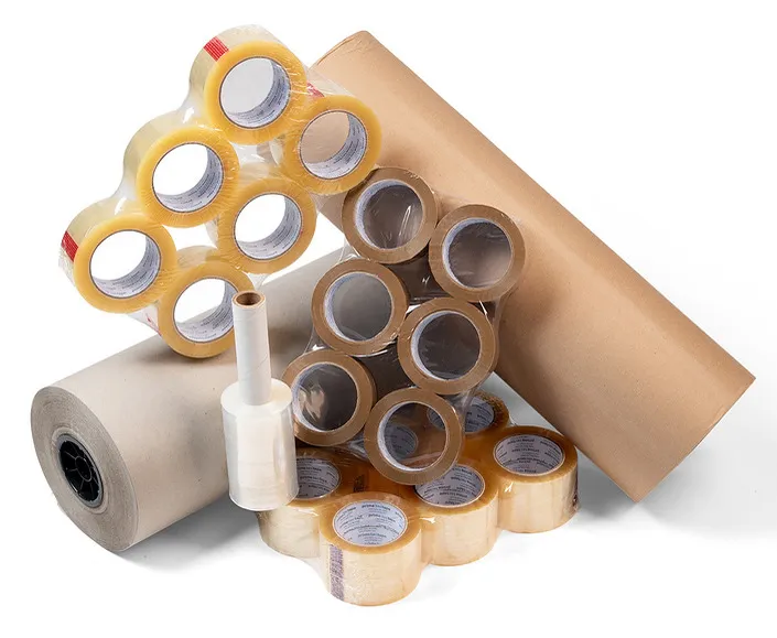 A spread of packaging supplies including tape, kraft paper, and stretch film